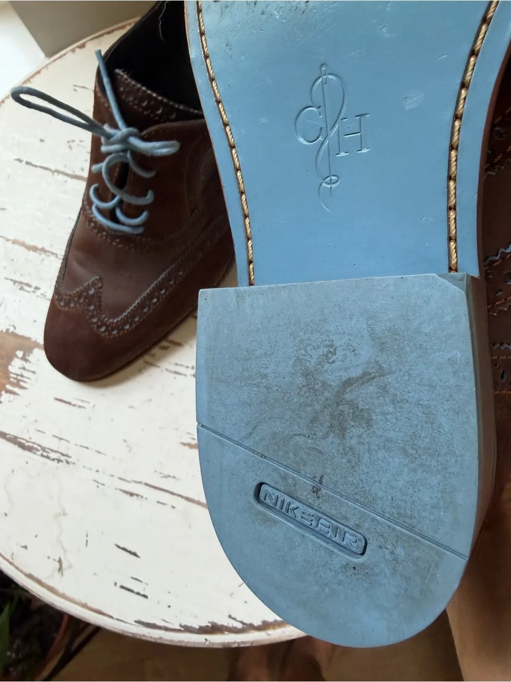 Cole Haan with Nike air tech Men's Brown Wingtip Oxfords with Light Blue Laces